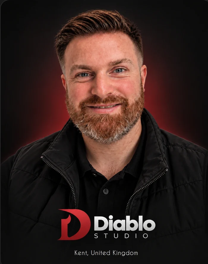 Daniel Barnes, founder of Diablo Studio, with Diablo Studio branding and Kent, United Kingdom