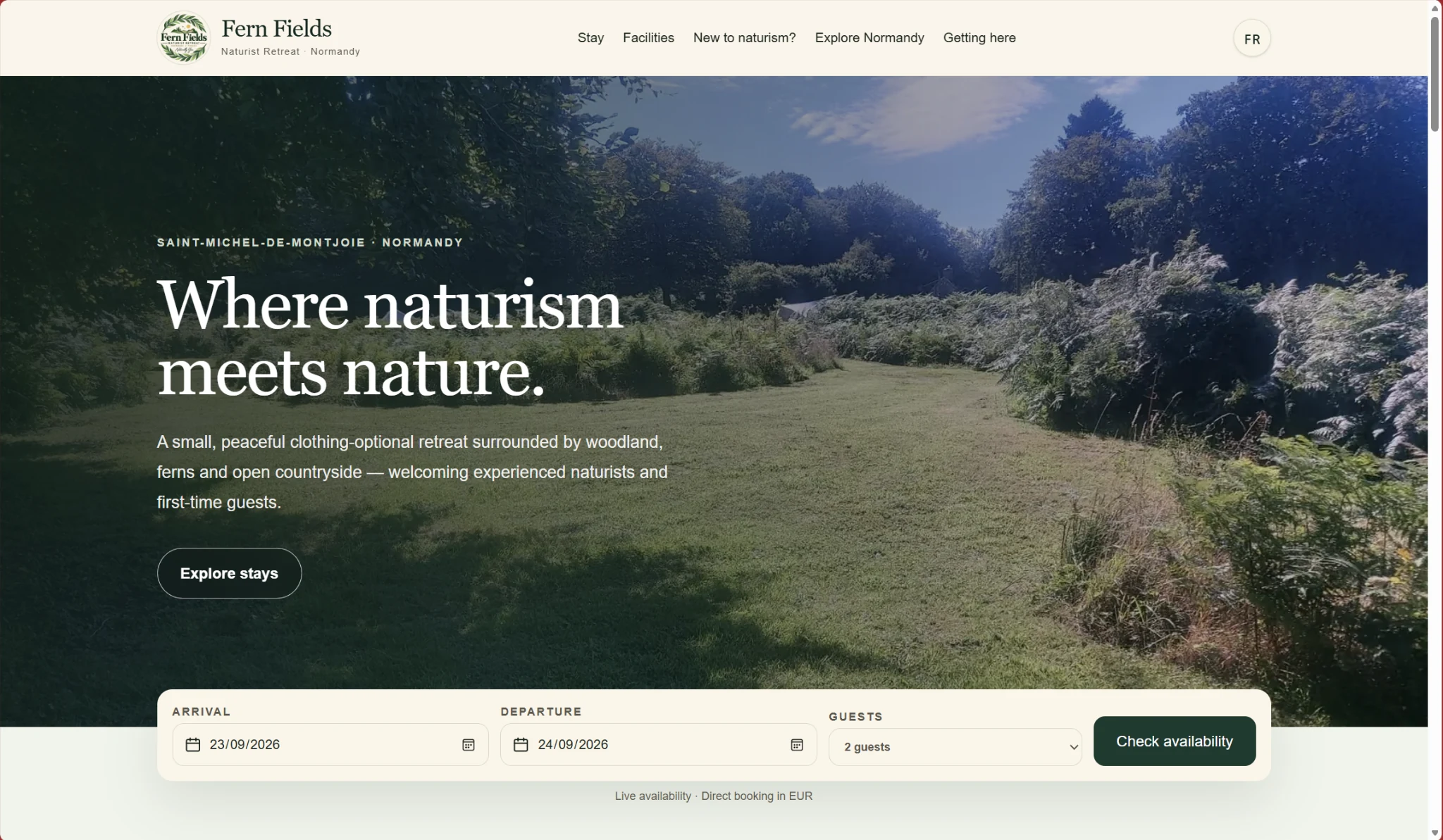 The redesigned Fern Fields Naturist Retreat homepage showing the full hero and live availability experience