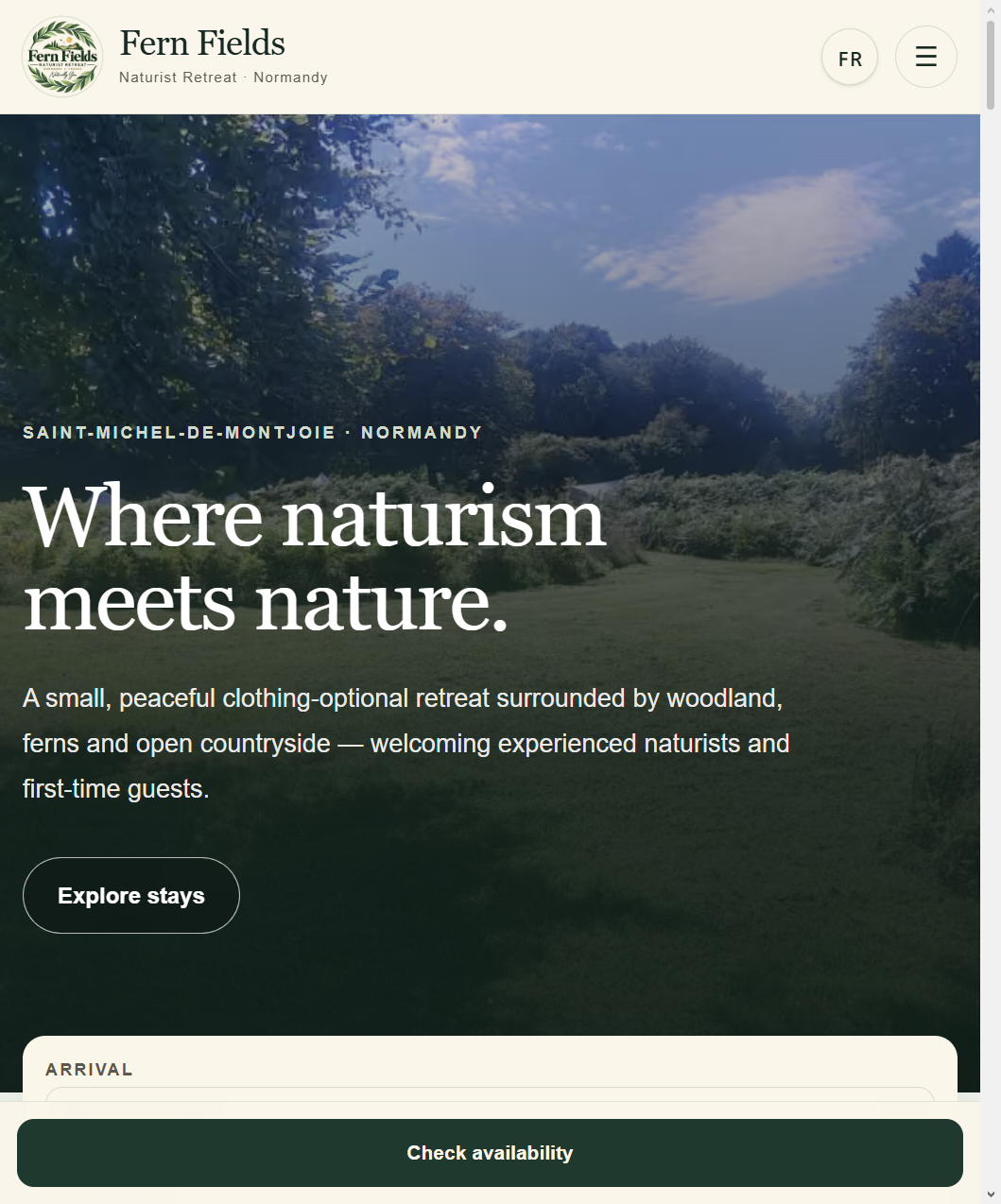 The redesigned Fern Fields Naturist Retreat homepage showing the hero and live availability experience
